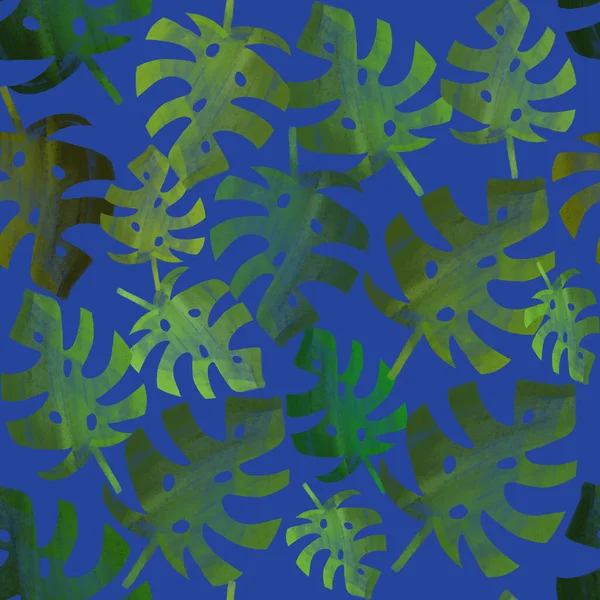 Gröna Monstera Blad Mörkblå Bakgrund Sömlöst Mönster Exotiskt Sommartryck Förpackning — Stockfoto