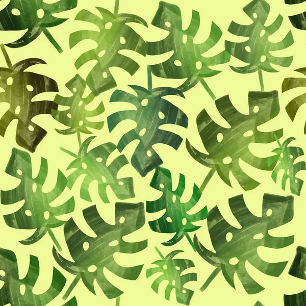 Monstera Tropical Leaves Yellow Background Seamless Summer Pattern Exotic Print — Stock Photo, Image