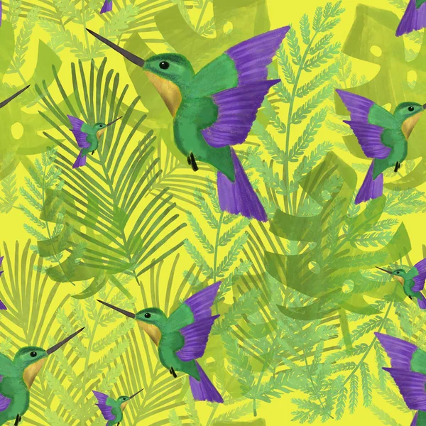 水彩斑斓的科里布里在黄色背景下穿过热带树叶 夏天无缝图案 纺织品 明信片设计 — 图库照片