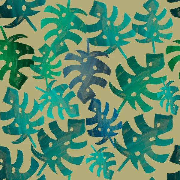 Seamless Background Blue Green Monstera Leaves Beige Summer Tropical Pattern — Stock Photo, Image