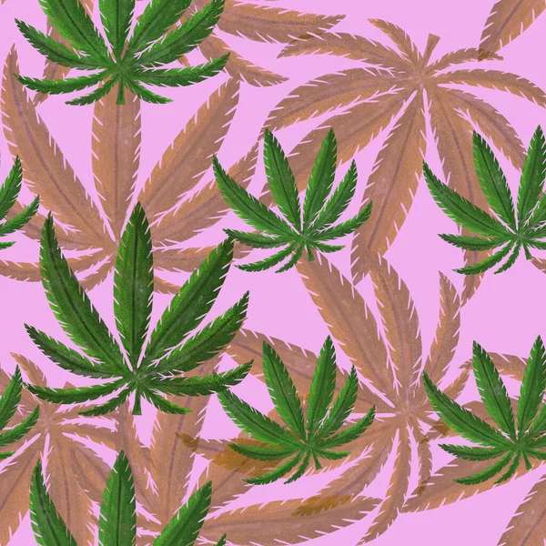 マリファナ大麻はピンクの背景に残っている シームレスな背景 テキスタイルデザイン — ストック写真