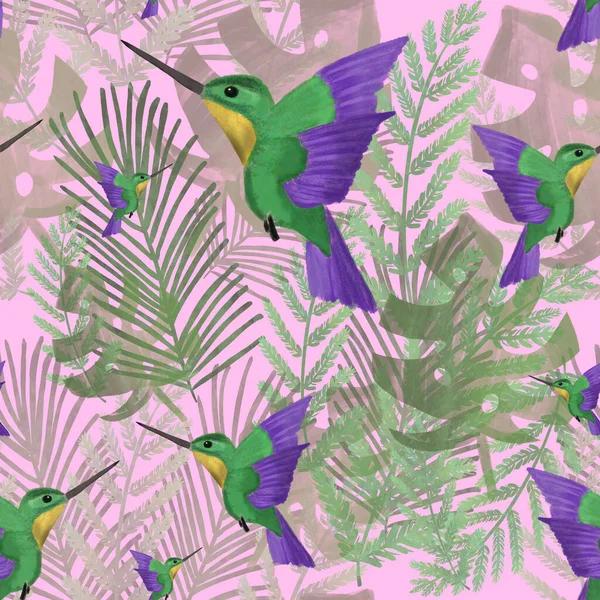 Vliegende Aquarel Tropische Vogel Tropische Bladeren Roze Achtergrond Groene Paarse — Stockfoto