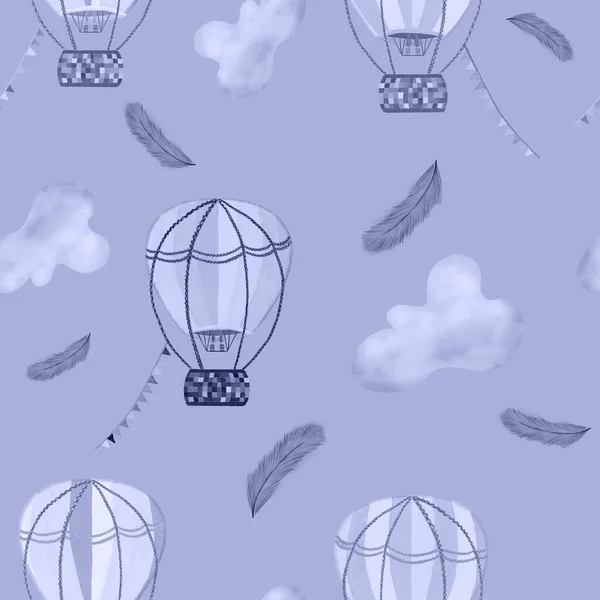 Heißluftballon Himmel Über Wolken Und Federn Nahtloses Muster Reisen Luftschiff — Stockfoto