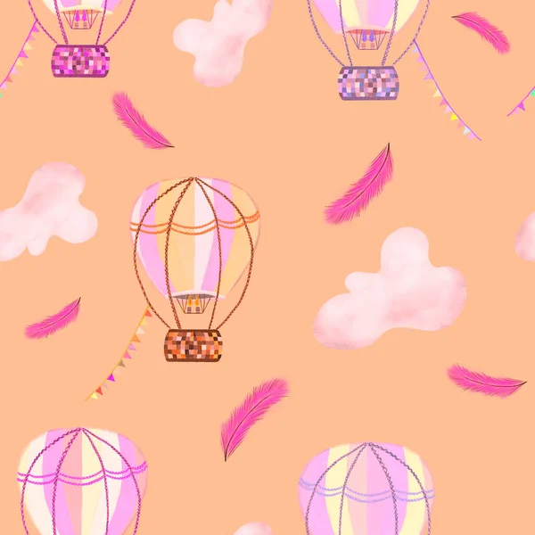 Balões Quente Rosa Penas Nuvens Sobre Fundo Rosa Voar Padrão — Fotografia de Stock