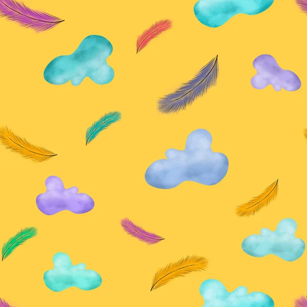 Nubes Multicolores Plumas Sobre Fondo Amarillo Patrón Sin Costuras Nubes —  Fotos de Stock