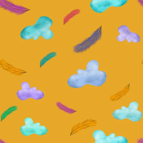 オレンジ色の背景にカラフルな雲と羽を持つシームレスなパターン リネン ファブリックデザイン — ストック写真