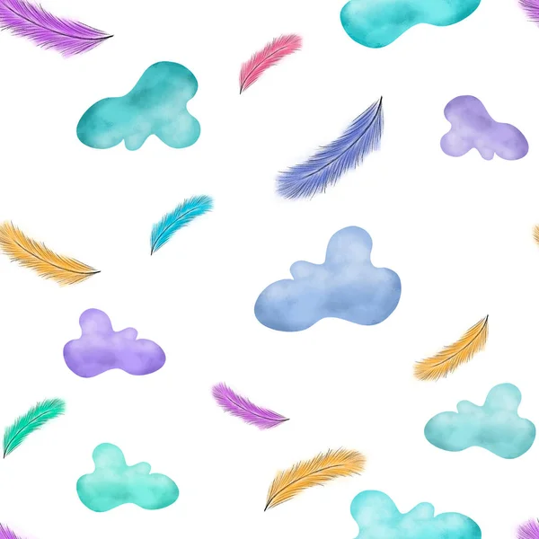 白い背景にカラフルな雲と羽 シームレスなパターン 絵を描く 子供の指紋だ 文房具 パスポート テキスタイル ファブリックデザイン — ストック写真