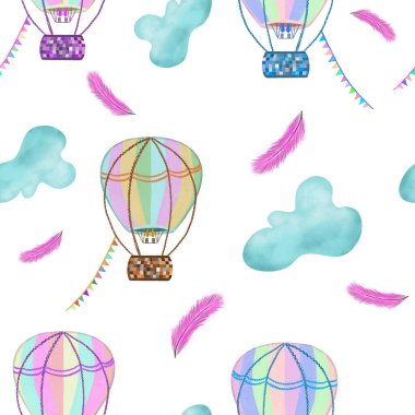 Bayraklı renkli sıcak hava balonları, mavi bulutlar, beyaz arka planda pembe tüyler. Kusursuz desen. Çocuklar basar. Seyahat, yolculuk, macera tasarımı. 