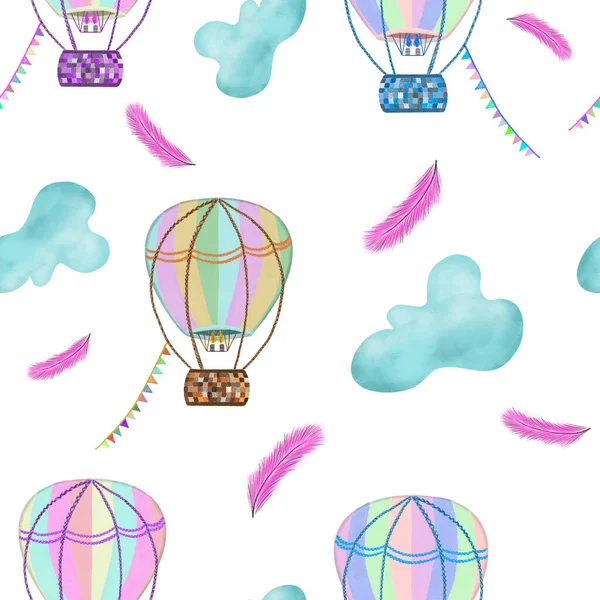 Colorful hot air balloons with flags, blue clouds, pink feathers on white background. Seamless pattern. Kids print. Travel, journey, adventure design. 