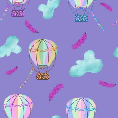 Renkli sıcak hava balonları, mavi bulutlar ve mavi arka planda pembe tüyler. Kusursuz desen. Seyahat, yolculuk, macera baskısı. Çocuklar, ambalaj, duvar kağıdı, tekstil, kumaş tasarımı