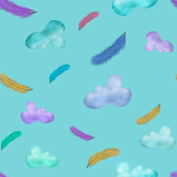 Naadloze Achtergrond Met Wolken Kleurrijke Veren Blauwe Achtergrond Kinderen Briefpapier — Stockfoto