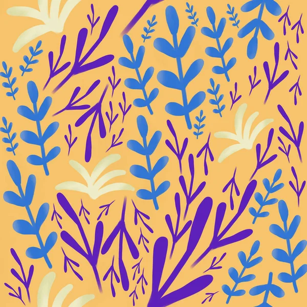 Pastel blue, white, violet leaves, herbs, branches on beige background. seamless pattern with leaves. Print, packaging, wallpaper, textile design. doodle pattern.