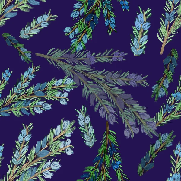 Koyu mavi arka planda biberiye suluboya. Kusursuz desen. Çam, otlar, baharatlar. Aşçılık, mutfak, sofra takımı, Noel baskısı, ambalaj, duvar kağıdı, tekstil tasarımı