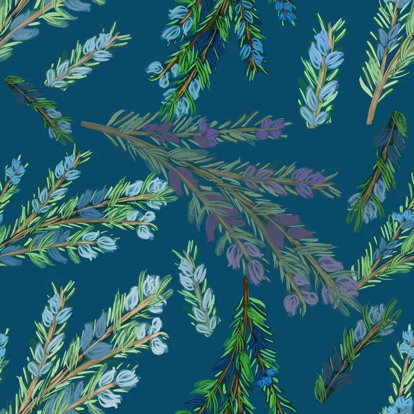 Mavi arka planda biberiye ya da köknar dalları olan kusursuz bir desen. Çizim. Çok renkli olsun. Mutfak, keten, Noel, yemek pişirme, baskı, ambalaj, duvar kağıdı, tekstil, kumaş tasarımı