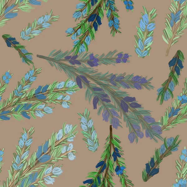 Watercolor rosemary branches on pink background. seamless pattern. Herbs, spices, cooking, kitchen print. Packaging, wallpaper, textile, fabric design