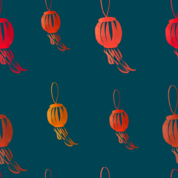 Koyu Mavi Arka Planda Kırmızı Çin Fenerleri Asya Yeni Yılı — Stok fotoğraf