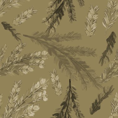 Suluboya biberiye dallarıyla kusursuz desen. Kahverengi, bej renkli, zarif baskı. Yemek, mutfak, bitkisel, baharat tasarımı. Paketleme, duvar kağıdı, tekstil, kumaş tasarımı
