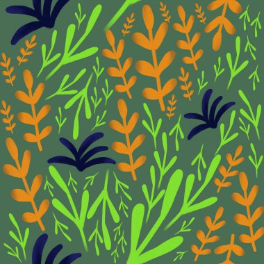 Neon karalama bitkileri, yapraklar, koyu yeşil arka planda dallar. Kusursuz desen. Yazdırma, paketleme, duvar kağıdı, tekstil, kumaş tasarımı