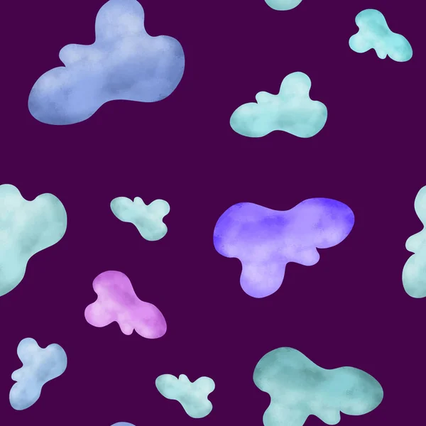 Nubes Multicolores Sobre Fondo Violeta Patrón Sin Costuras Impresión Infantil —  Fotos de Stock