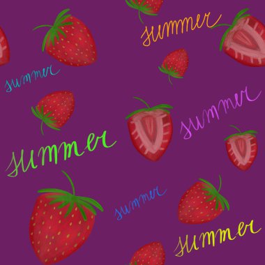 Kırmızı olgun çilekler ve mor arka planda yaz metni. Kusursuz yaz şablonu. El yazısı ve çizim. Aşçılık, mutfak, ambalaj, duvar kağıdı, tekstil, kumaş tasarımı
