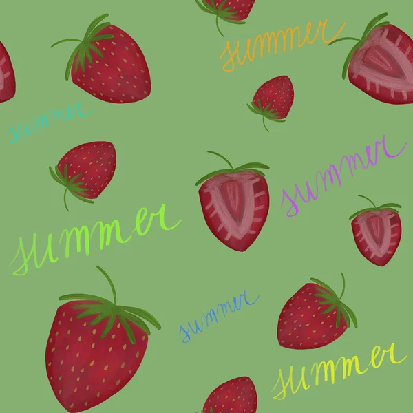 Ώριμες Φράουλες Και Καλοκαιρινή Λέξη Για Πράσινο Φόντο Καλοκαίρι Χωρίς — Φωτογραφία Αρχείου