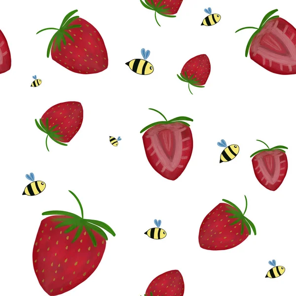 Motif Sans Couture Avec Des Fraises Des Abeilles Volantes Mignonnes — Photo