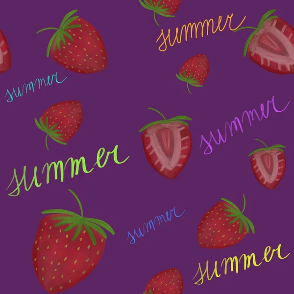 Κόκκινες Ώριμες Φράουλες Και Καλοκαιρινό Κείμενο Μωβ Φόντο Καλοκαίρι Χωρίς — Φωτογραφία Αρχείου