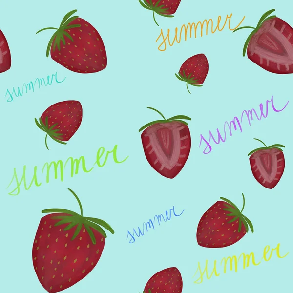 Strawberry Seamless Pattern Light Blue Background Summer Handwritten Word Summer — Stock Photo, Image