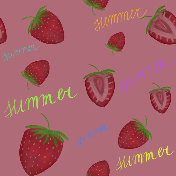 红色背景的成熟草莓 五彩缤纷的夏季文本 无缝图案 纺织品设计 — 图库照片