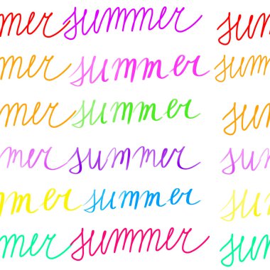 Beyaz arkaplanda çok renkli yaz metni. Kusursuz desen. Yaz baskısı, ambalaj, duvar kağıdı, tekstil tasarımı. El yazısıyla yazılmış mektup. 