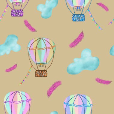 Renkli sıcak hava balonları, bulutlar ve bej arka planda tüyler. Kusursuz desen. Seyahat, kartpostal, çocuk baskısı, ambalaj, duvar kağıdı, tekstil tasarımı