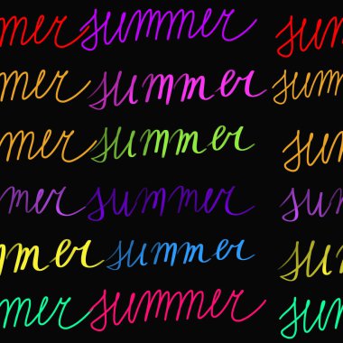 Siyah arkaplana el yazısıyla yazılmış çok renkli bir yazı. Kusursuz desen. Yaz baskısı, ambalaj, poster, duvar kağıdı, tekstil, kumaş tasarımı