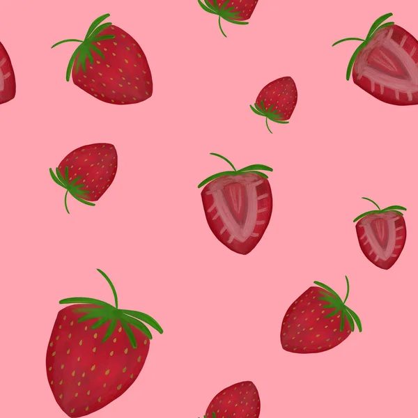 赤いイチゴを背景にしたシームレスなパターン 手描き 夏の印刷物 お菓子 デザート パッケージ テキスタイル ファブリックデザイン — ストック写真