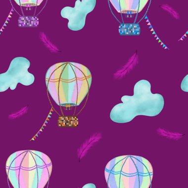 Renkli sıcak hava balonları, mavi bulutlar ve mor arka planda pembe tüyler. Kusursuz desen. Seyahat, kartpostal, poster, masal, çocuk odası, baskı, ambalaj, duvar kağıdı, tekstil tasarımı