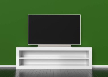 Duvarda asılı duran bir televizyon. 3d hazırlayıcı