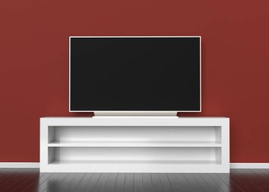 Duvarda asılı duran bir televizyon. 3d hazırlayıcı