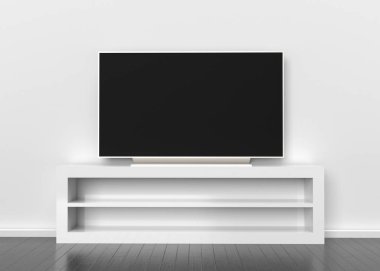 Duvarda asılı duran bir televizyon. 3d hazırlayıcı