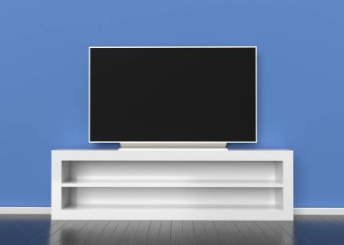 Duvarda asılı duran bir televizyon. 3d hazırlayıcı