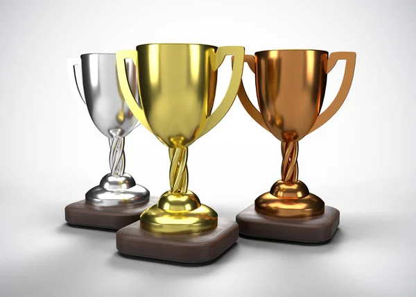 Trophies Gold Silver Bronze Awards Render — Stock Photo, Image