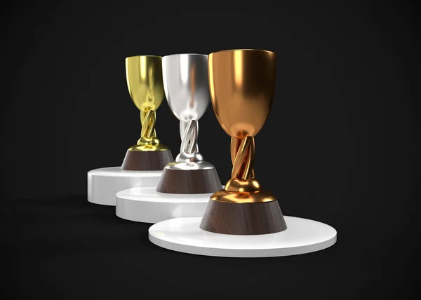 Trophies Gold Silver Bronze Awards Render — Stock Photo, Image