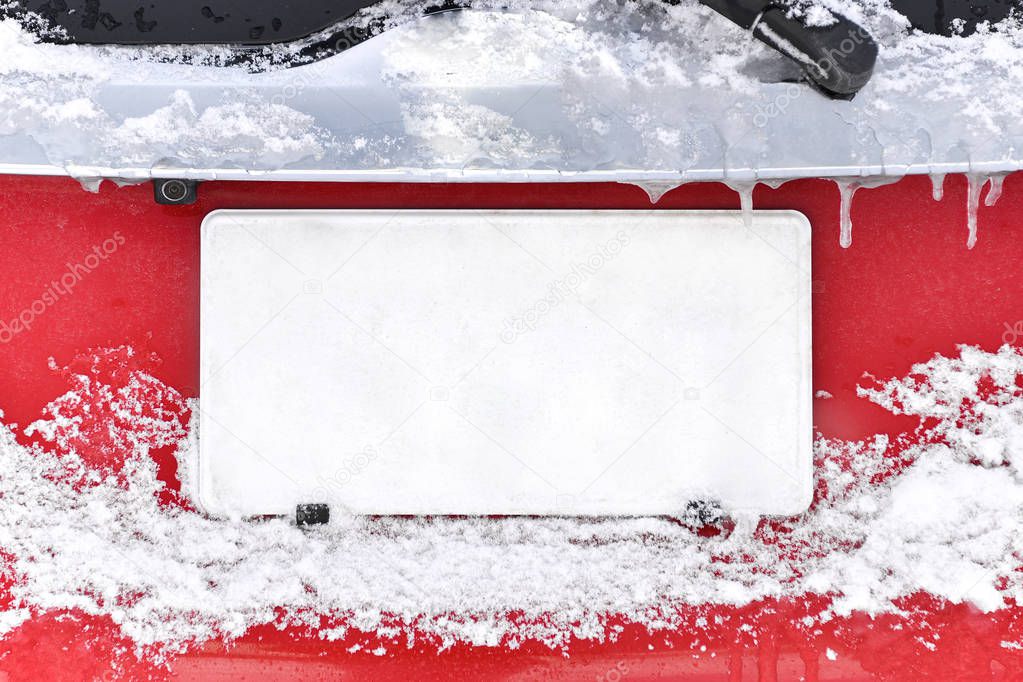 number plate of car in winter, snow 