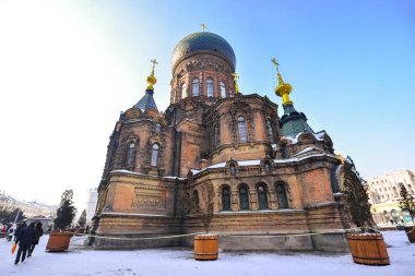 Harbin, Çin - 20 Ocak 2017: St. Sophia Katedrali Harbin'de, 1907 yılında inşa edilmiş ve 1997 yılında müze haline döndü. 53,3 metre (175 ft) uzun boylu standları, 721 m2'lik bir alanı kaplar