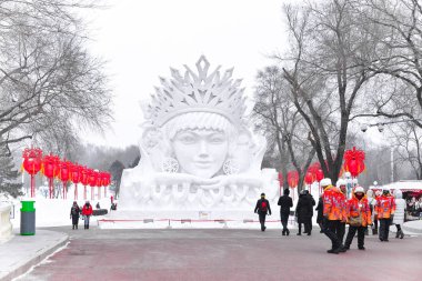 Harbin, Çin - 21 Ocak 2017: Kar Çin, Harbin Güneş Adası Uluslararası kar heykel sanat Expo heykeller. Harbin şehri, Heilongjiang, Çin'de bulunmaktadır.