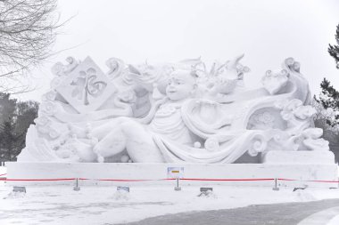 Harbin, Çin - 21 Ocak 2017: Kar Çin, Harbin Güneş Adası Uluslararası kar heykel sanat Expo heykeller. Harbin şehri, Heilongjiang, Çin'de bulunmaktadır.