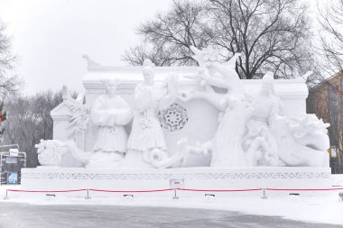 Harbin, Çin - 21 Ocak 2017: Kar Çin, Harbin Güneş Adası Uluslararası kar heykel sanat Expo heykeller. Harbin şehri, Heilongjiang, Çin'de bulunmaktadır.
