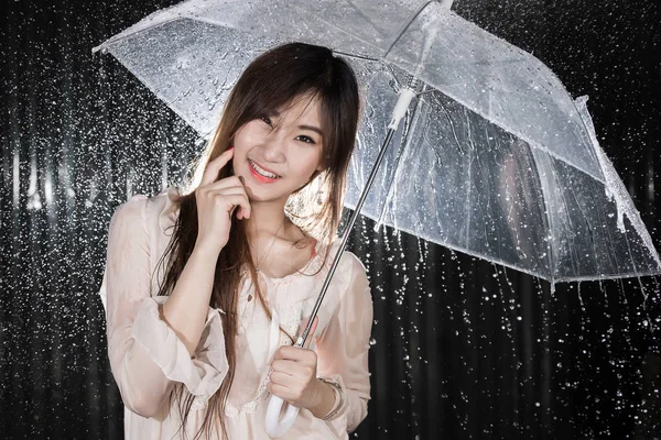 Heureuse fille chinoise avec pluie et parapluie transparent — Photo