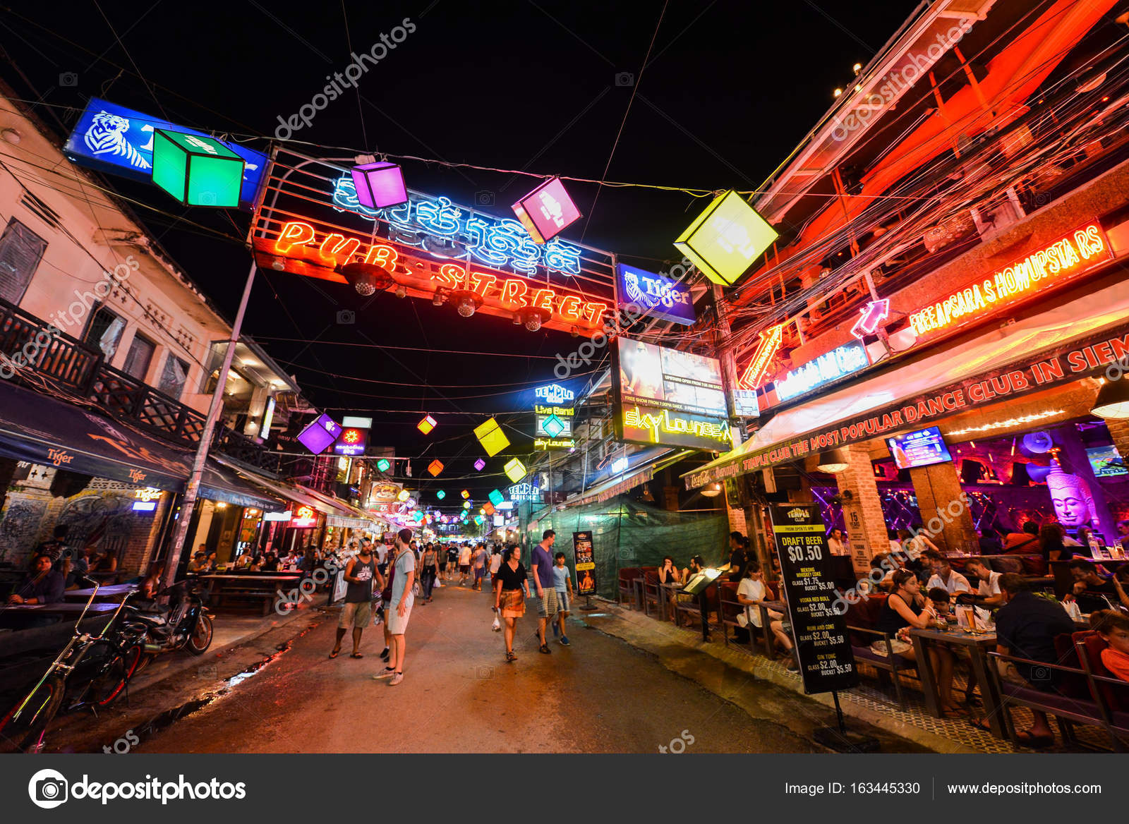 SIEM REAP, CAMBODIA AUG 03 2017 Bars, restaurants and lights along Pub Street in Siem Reap