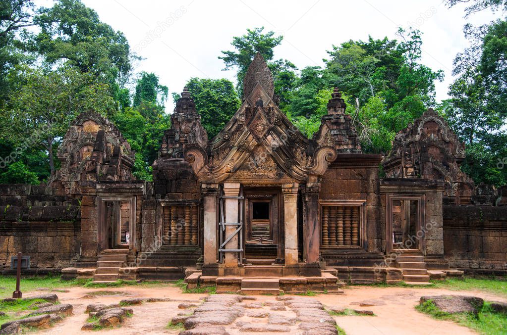 Banteay Srei is built largely of red sandstone and is a 10th-century Cambodian temple dedicated to the Hindu god Shiva, Siem Reap, Cambodia