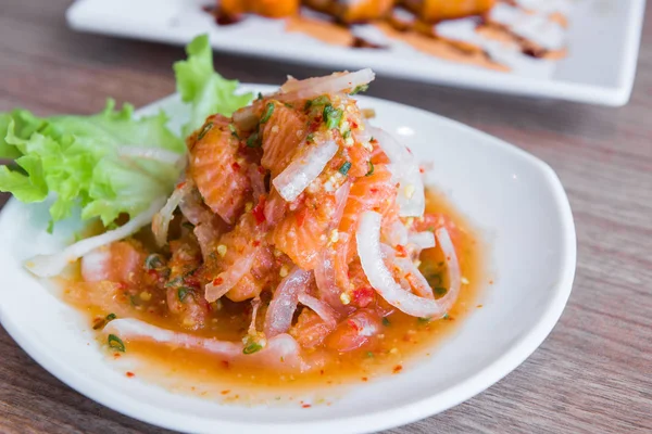 Salmon salad in Japanese restaurant, Japanese Food — Stock Photo, Image