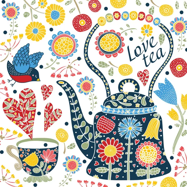 お茶が大好きです。かわいいポストカード. — ストックベクタ